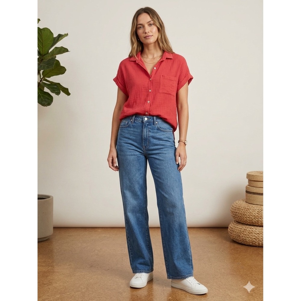 Lola River Red Cotton Double Gauze Short Sleeve Button Down Shirt Small